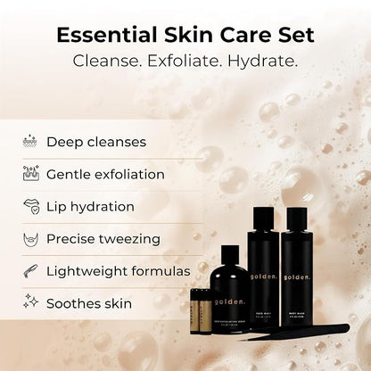 Golden Grooming Co. Essential Skincare Set for Men | Complete Face & Body Care Kit with Face Wash, Exfoliating Scrub, Body Wash, Tweezers & Lip Balms