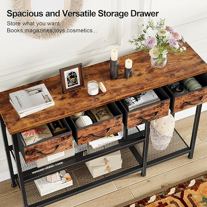Furnulem Entryway Table 47'' Sofa Console Table with 4 Fabric Drawers, Industrial Entry Way Shoe Rack with Metal Mesh Shelf for Front Door, Foyer Wooden Top, Sturdy Metal Frame, Rustic Brown