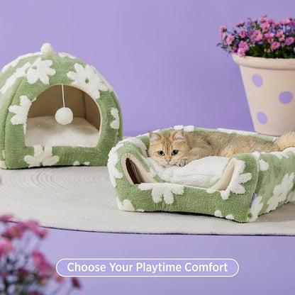 Lesure 2in1 Cute Cat House for Kitten with Washable Cushioned Pillow,17.3in | Cat Beds for Indoor Cats,Small Pet Cave Tent,Cozy Enclosed Foldable Hideaway,Fluffy Ball,Anti Slip Bottom,Hand Strap,Green