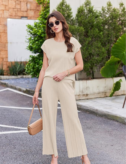 Ekouaer Lounge Sets for Women Two Piece Outfits Knit Cap Sleeve Tops Wide Leg Pleated Pants Casual Dressy Sweater Sets