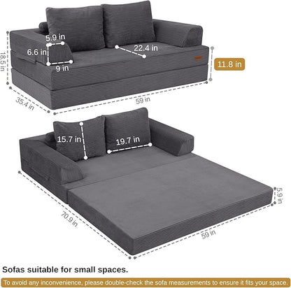 COMAX Convertible Sofa Bed, Folding Floor Couch Corduroy Fold Out Couch Bed Futon Sleeper Mattress with Pillows, Boneless Sofa Comfy Lounge Loveseat for Living Room Bedroom, Grey