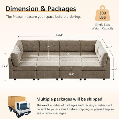 VANOMi 118 Inch Cloud Modular Sectional Sofa with 2 Ottomans, 8 Seat Cloud Sectional Sofa Bed, Chenille Sofas & Couches for Living Room, Apartment, Office, Camel