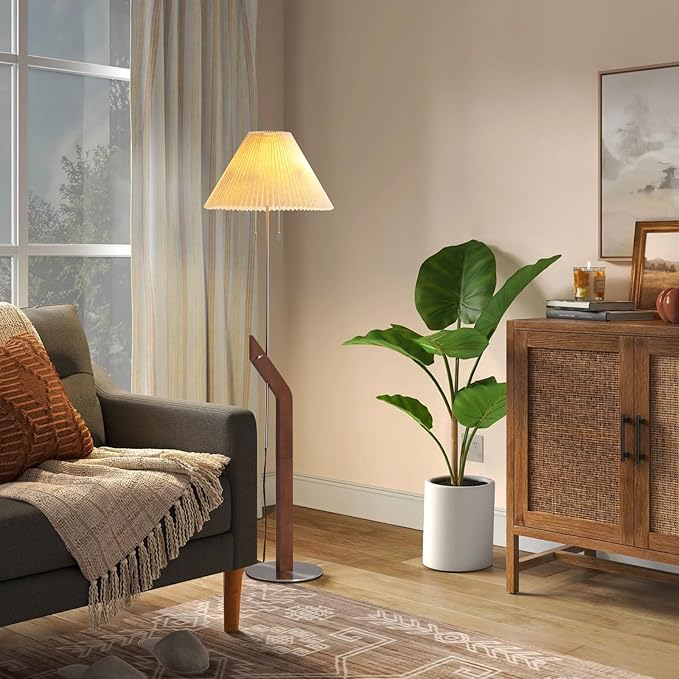 Wood Floor Lamp,2-Light Modern Mid Century Vintage Floor Lamp, Height Adjustable Living Room, Study Room,Bedroom,Office Tall Standing Lamp,Linen Lampshade