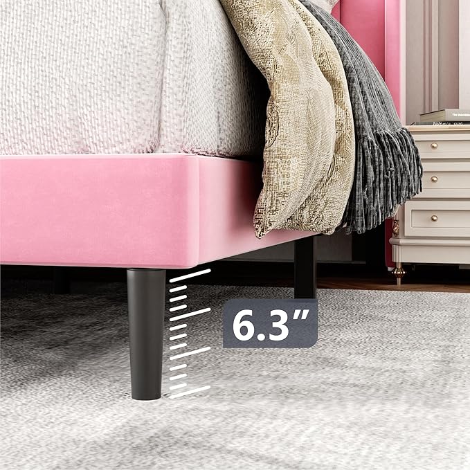 King Size Bed Frame with Wingback Headboard, Upholstered Platform Bed, No Box Spring Needed, Sturdy Wooden Slat Support, Easy Assembly, Pink