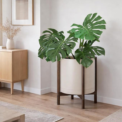 D'vine Dev Plastic Pot with Walnut Wood Stand, Oatmeal, 16 in, 55-C-X-4 | Mid-Century Inspired Design, Elevated Plant Display, Clean Lines, Sturdy Support, Modern Space-Saving Style