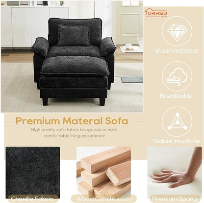 URRED Modular Sectional Sofa Comfy Cloud Couch, Modern Chenille Sofa Sleeper Deep Seat Couches with Ottoman/Pillows for Living Room (Black, 53''- Ottoman)