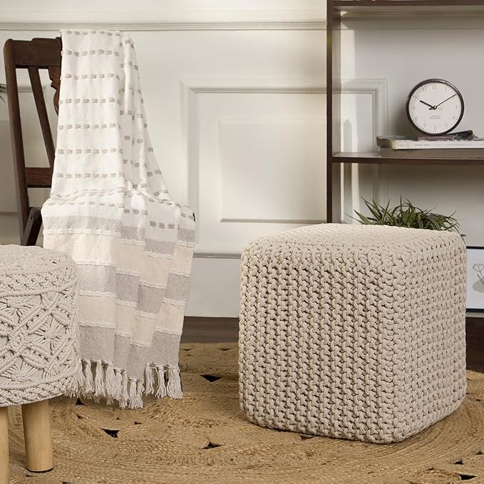 REDEARTH Square Pouf Ottoman Foot Stool - Hand Knitted Bean Bag - Cord Boho Pouffe - Accent Poof for Living Room - Nursery - Bedroom - Kids Bedroom - Patio - 100% Cotton (16" x 16" x 16") - Ivory