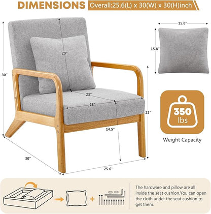 ELUCHANG Mid-Century Modern Accent Chair with Lumbar Pillow,Upholstered Armchair,Linen Fabric Comfy Reading Chair, Lounge Side Chair for Living Room Bedroom Apartment,Easy Assembly(Grey,2pcs)