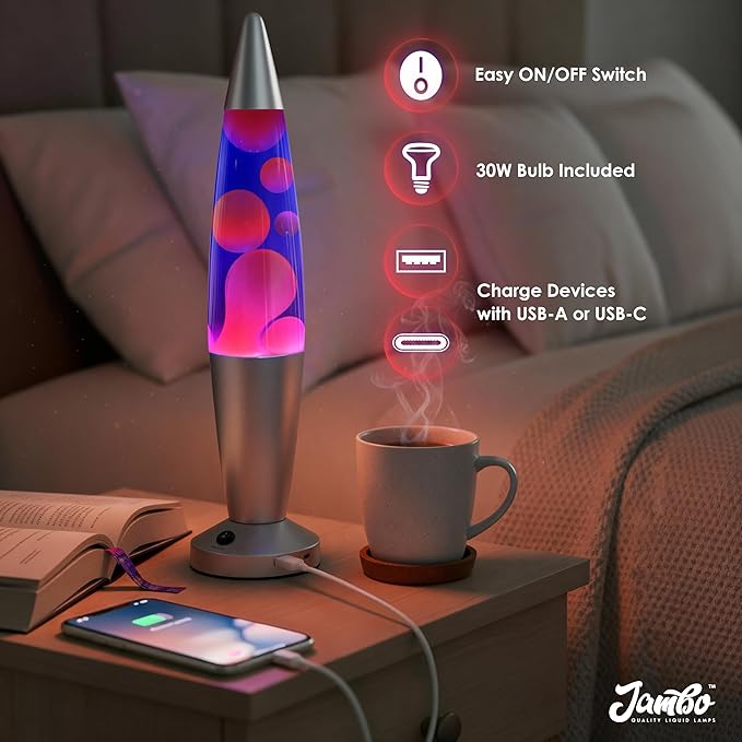 JAMBO Beautiful Liquid Lamp with USB Ports, 16" Motion Light with Blue Liquid Purple Wax, Relaxing Nightlight, Mood Light for Bedroom, Living Room, Office - Adults, Teens, Kids
