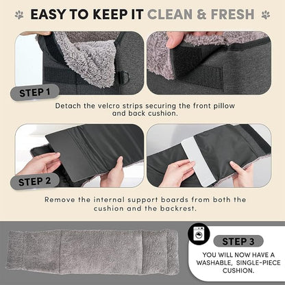 Center Console Dog Car Seat for Small Pets to 11lbs, Grey | Anti-collapse armrest Console seat with washable fluffy cushion, pillow & tether for stable, cozy pet travel trips.