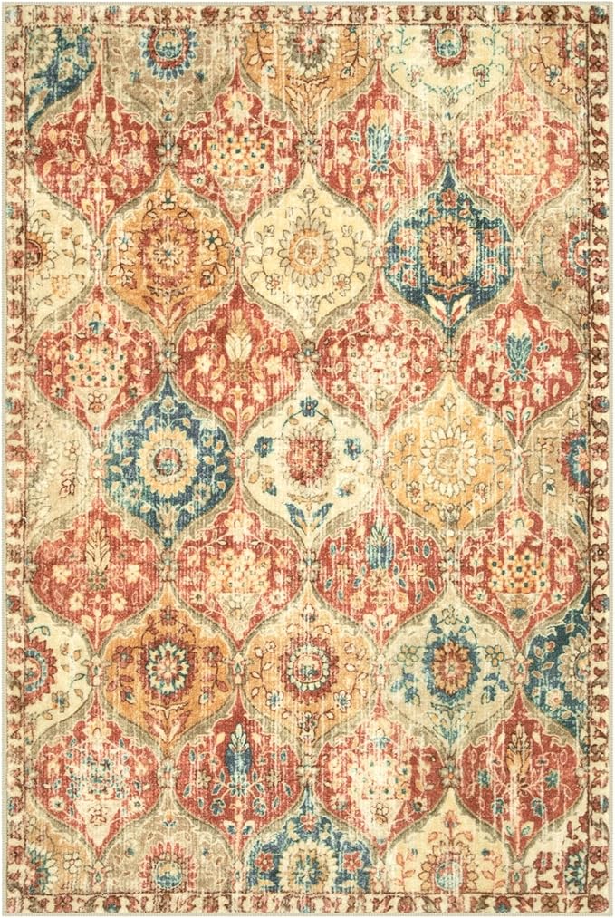 Lahome Moroccan Machine Washable Rugs for Living Room, 4x6 Rug for Bedroom Non-Slip Vintage Trellis Ultra-Thin Throw Carpet for Dining Room Office Nursery, Red/Orange