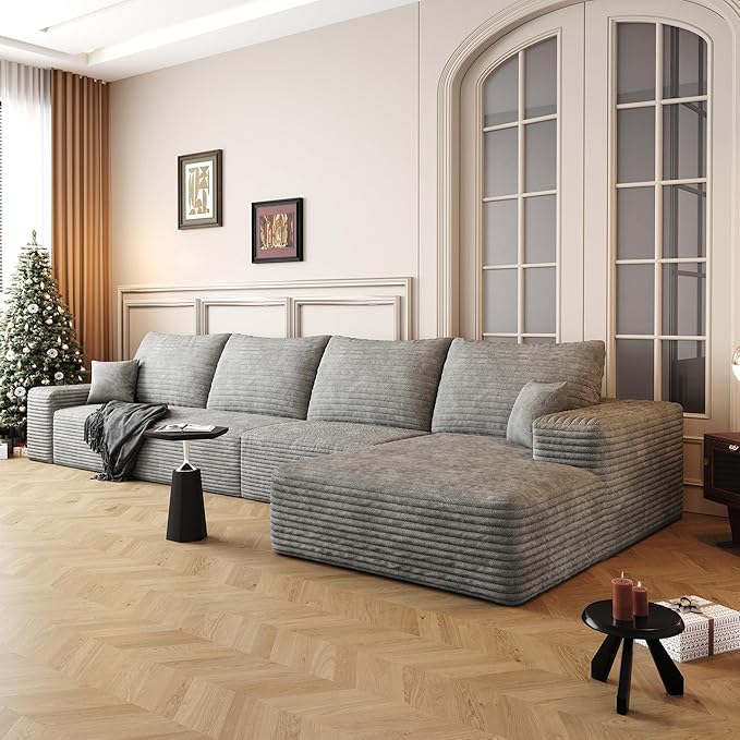 136" Sectional Couches for Living Room Modern Modular Sofa with L-Shape Couchs Upholstered Boneless Couch Deep Seat Sectional Couch with Chaise (Grey, Right Facing Chaise+3Seaters)