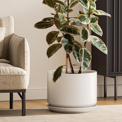 LE TAUCI 12 Inch Pots for Plants, Ceramic Plant Pots with Drainage Holes and Saucers, Elegant and Durable Large Plant Pot, Perfect for Home & Office Decor, White