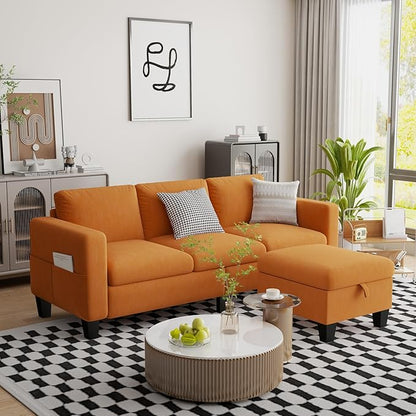 Sectional Sofa Couches for Living Room - 78''Convertible Modular Three-Seater L-Shaped Pet-Friendly Couch,Washable Sofa Cover-Bench Storage, Suitable for Small Living Room, Apartment,Office-Orange