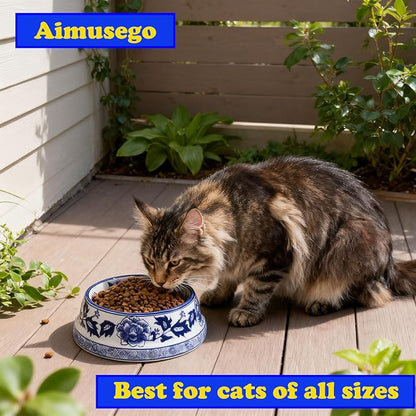 Aimusego Vintage Blue and White Chinoiserie Ceramic Cat Food Bowls Cat Bowls/Dishes for Food and Water,Dog Feeding Bowls, Dishwasher Safe 25OZ