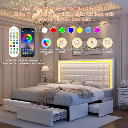 Full Led Bed Frame with 4 Storage Drawers, Bed with Led Lights No Box Spring Needed, Supports 900 lbs, Easy Assembly, Quiet and Sturdy Design, PU White