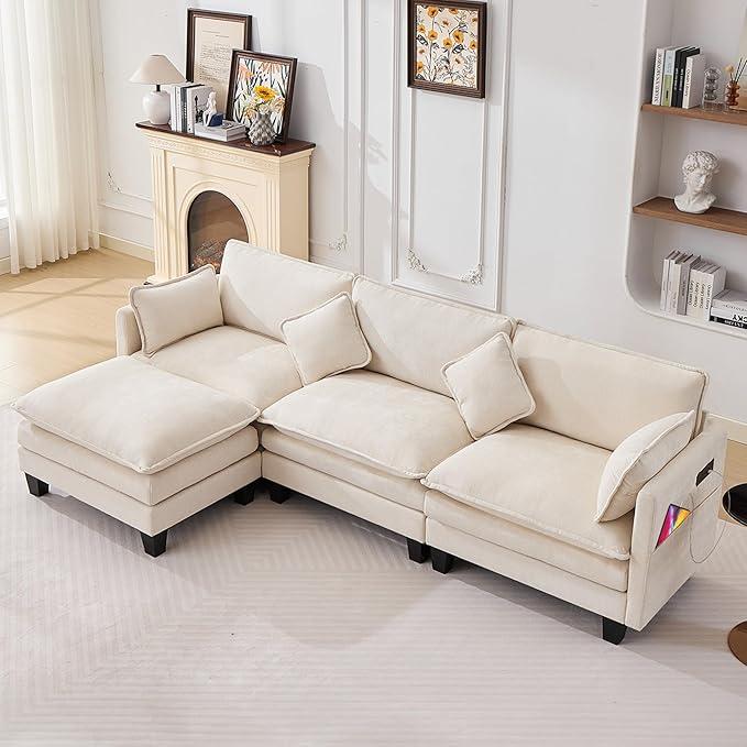 108" Modern L-Shaped Sectional Sofa with USB & Type-c Port Charger, Modular Cloud Couch, Deep Seating Chenille Fabric 4-Seater with Ottoman and Pillows for Living Room (Beige)