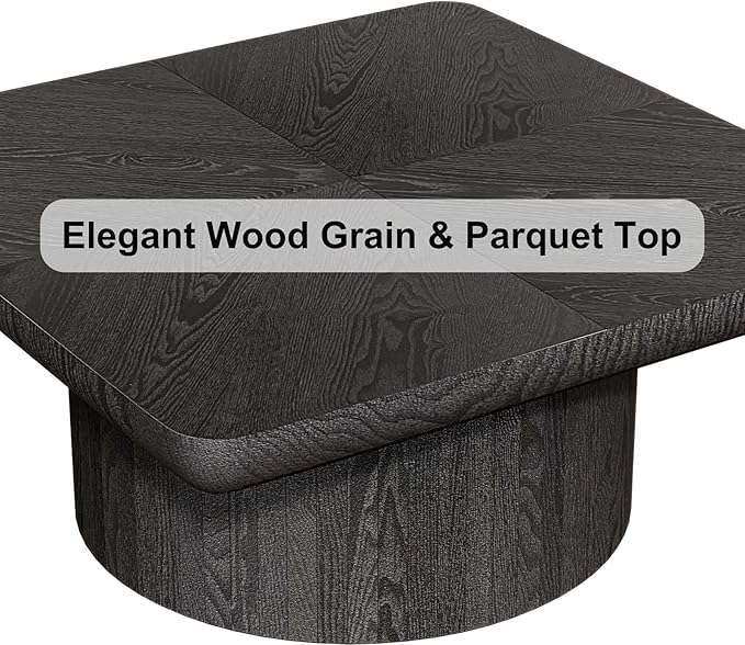Modern Square Coffee Table with Cylindrical Base, Wood Coffee Table with Parquet Pattern & Thickened Tabletop, Center Table Tea Table for Living Room Apartment, 34.6''L×34.6''W×14.9''H, Black
