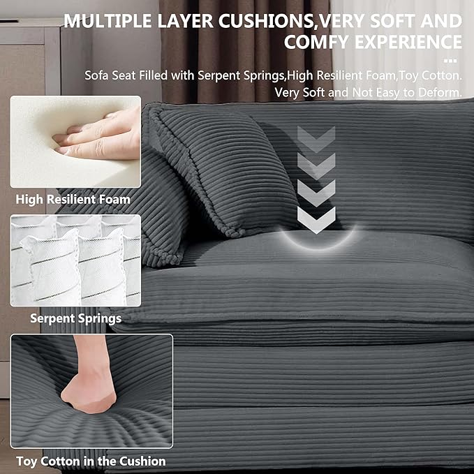Aoowow Corduroy 4 Seater Cloud Couch with Ottoman,Modern Cloud Couches for Living Room,Modular Sectional Cloud Sofas with Deep Seat,Oversized Tufted L-Shaped Sofa Set. (Grey, 4 Seater + 1 Ottoman)