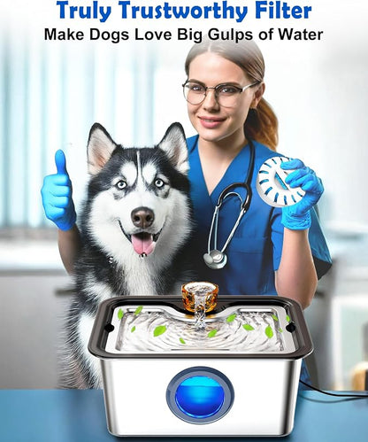 Large Dog Water Fountain SS304,3Gal Ultra-Purification Dog Cat Drinking Bowl Dispenser with Deep Purification Filter,Big Visual Window,Triple Waterfall Structures,Low Water Indicator Pump