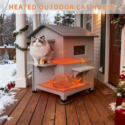 Rockever 2 Story Heated Cat House for Outside in Winter, 100% Waterproof Heated Cat House for Outdoor Cats with Heating Pad, Elevated Outdoor Cat House, Safe Escape Door for Outdoor Cats