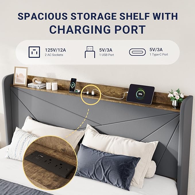 Allewie King Size Velvet Bed Frame with 3 Storage Drawers, Upholstered Platform Bed with Wingback Storage Headboard and USB Ports, No Box Spring Needed, Easy Assembly, Grey