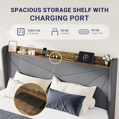 Allewie King Size Velvet Bed Frame with 3 Storage Drawers, Upholstered Platform Bed with Wingback Storage Headboard and USB Ports, No Box Spring Needed, Easy Assembly, Grey
