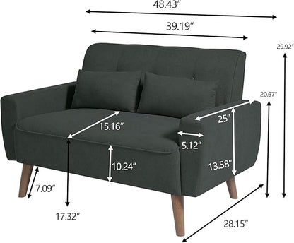 48" Loveseat Sofa, 2 Seater Love Seat Mid Century Modern Small Couches for Living Room Bedroom Apartment, 2 Throw Pillows and Plastic Legs, Black