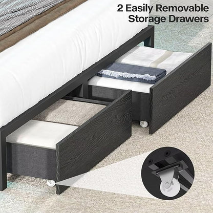 Queen Bed Frame with Bookcase Headboard and Storage Drawers, 51.2" Metal Platform Queen Size Bed Frame with Charging Station and LED Lights, Velvet Upholstered Tufted Bed Frames, Black
