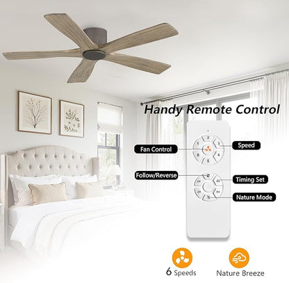 WINGBO 48" Flush Mount DC Ceiling Fans without Lights, 5 Carved Solid Wood