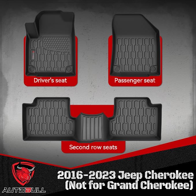 Floor Mats Compatible with 2016-2023 Jeep Cherokee (Not for Grand Cherokee), All Weather TPE Floor Liners, Custom Fit Car mats, 1st & 2nd Row, Black