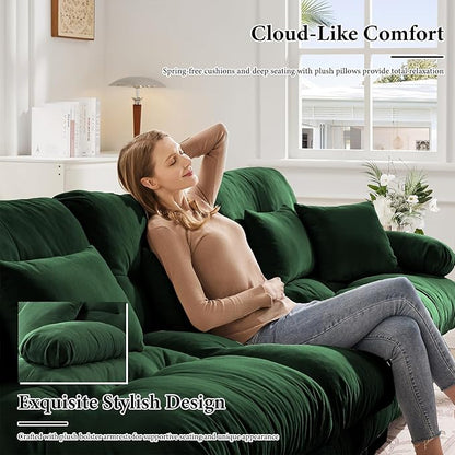 94.4" Loveseat Sofa, 2 Seater Modular Sectional Sofa, Green Large L Shaped Sectional Couches for Living Room, Fluffy Chenille Fabric Cloud Couch with Ottoman