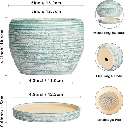 SQOWL Ceramic Plant Pots - 6 Inch Planter with Drainage Hole and Tray, Round Flower Pot for Indoor Plants, Decorative Succulent Planter Outdoor, Home House Decor, Gifts for Women Men, Green