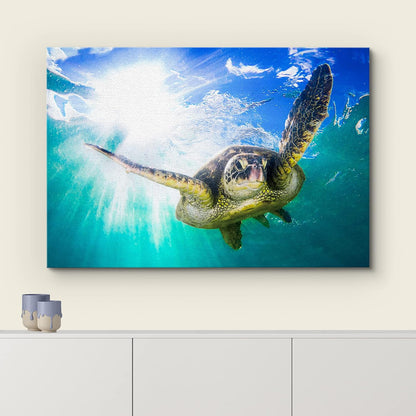 wall26 Canvas Print Wall Art Sunlight Tropical Ocean Underwater Turtle Nature Animals Photography Realism Rustic Scenic Landscape Wilderness Earth Colorful for Living Room, Bedroom, Office - 12"x18"