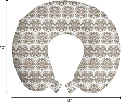 Ambesonne Taupe Travel Pillow Neck Rest, Vintage Round Baroque Style Ornament Pattern in Damask Inspired Design Botany Garden, Memory Foam Traveling Accessory for Airplane and Car, 12", Taupe White