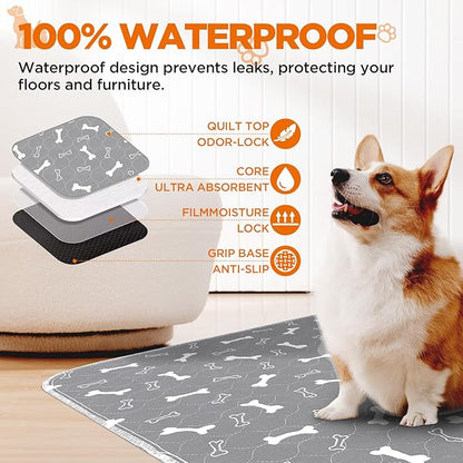 Washable Pee Pad for Dogs, 2 Pack Large Reusable Puppy Pads, 36"x72" | Super Absorbent, Waterproof & Leakproof, Non-Slip Bottom, Machine Washable, For Floors, Beds, Couches, Crates, Carpets, Cars