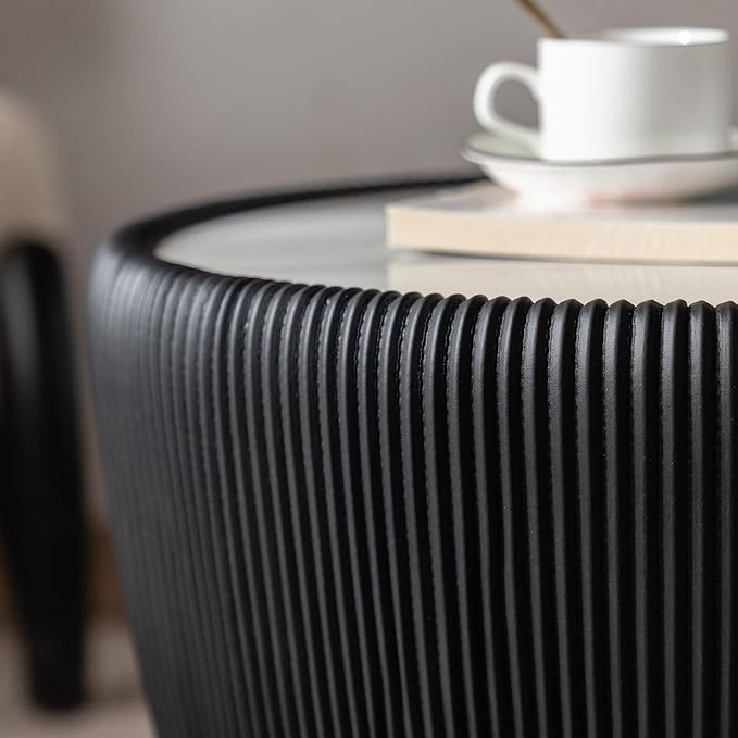 Black Round Coffee Table with Sintered Stone Tabletop, 19.69 Drum Coffee Table with Fluted PU Leather Covered and Metal Base, Circle Cocktail Tea Table for Living Room
