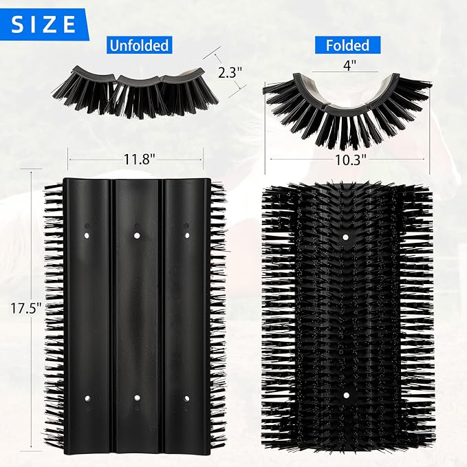 Extra Large Size Livestock Scratching Brush, Upgraded Horse/Goat/Cow/Cattle Scratcher Brush for Grooming, Itch Relief Horse Scratcher Brushes Kit with Two Sets of Mounting Screws(4-Pack,Black)