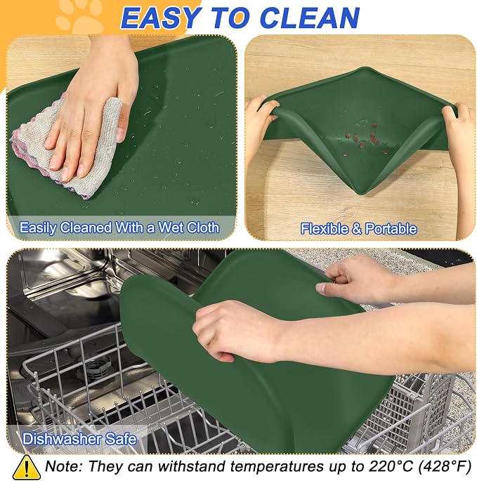 SMILOOL Waterproof Silicone Pet Food Mat with Raised Edge for Dog & Cat | 22" x 14" Non-Slip Pet Feeding Mats with Lip for Food & Water Bowl, Food Grade, Easy Cleaning, Dark Olive