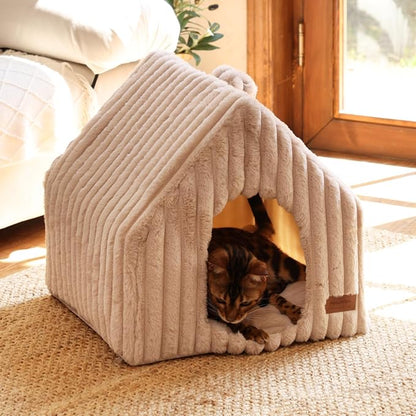 FUKUMARU Cat Bed Cave, Enclosed Washable Covered Dog Bed with Support Frame | Large Cat House for Indoor Cats, Cozy Cat Hideaway for Anxious Cats, Soft Plush Faux Fur Cat Tent Bed, Non-Slip Bottom