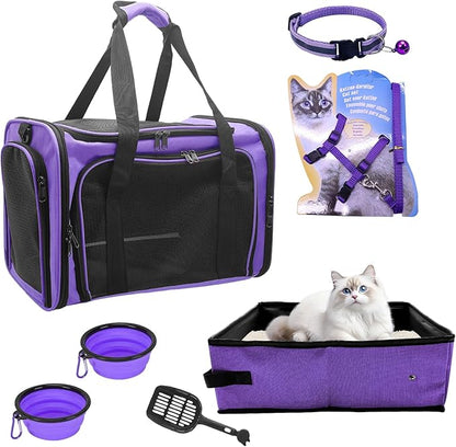 Soft-Sided Cat Carrier with Litter Box for Traveling & Camping, Pet Bag Fit Pets Up to 20lbs,17.7' * 11.8 * 11.8 inches Cat Travel Carrier Purple