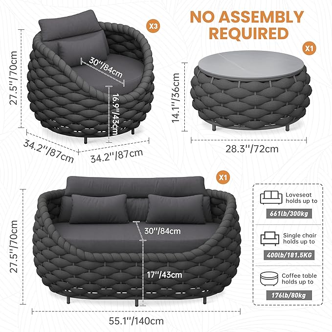 Erotr Aluminum Outdoor Seating Set: 5 Pieces Woven Rope Patio Furniture Conversation Set - Modern Deck Loveseat Set Cushioned - Assembled Metal Porch Lounge Set for Yard Garden Lanai Hotel, Dark Grey