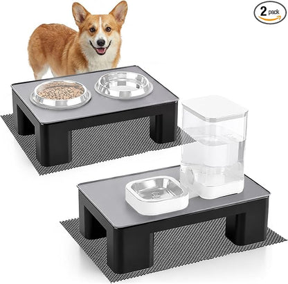 2 Pcs Elevated Dog Bowl Stand with Waterproof Dog Food Mat, Non-Slip, Black | Reduce Neck & Joint Strain, Easy to Clean Silicone Pet Feeding Mat, Sturdy Legs, Ideal for Small & Medium Dogs and Cats