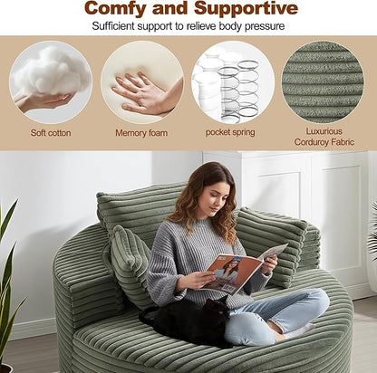 55'' Oversized Round Boneless Chaise Lounge Chair Indoor, Upholstered Corduroy Deep Seat Cloud Large Circle Sofa Couches Bed Corduroy Modern Floor No Assembly Sleeper Bed for Living Room, Bedroom