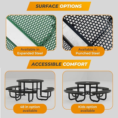 Metal Picnic Tables for Outdoors with Umbrella Hole - Coated Steel Heavy Duty Commercial Grade Furniture Set with Adjustable Seats (Green, 38 in, Round, Expanded Steel)