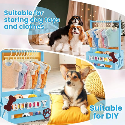 Teenyyou 20" x 13" x 9" Wooden Dog Closet Pet Wardrobe Crate Box with Hanging Rods and Personalized Alphabet Letters Easy Assembly Baskets for Dog Cat Toys Clothes Accessories(Blue)