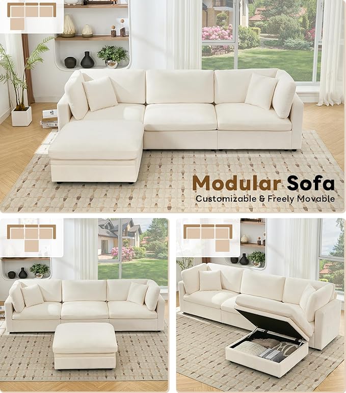 Tbfit Modern Sectional Sofa with Storage, Comfy Cloud Sectional Couch with Down-Filled Cushions, Sofa for Home, Living Room, Beige