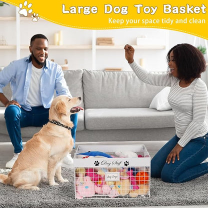 Dog Toy Basket - Large Dog Toy Box with Handles and Label Position Design for Living Room, Metal Dog Toy Bin Storage for Dogs Chew Pets Toys, Blankets, Clothes, Food (White)