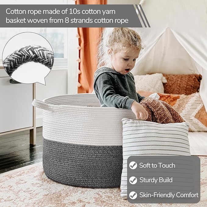 INDRESSME XXXLarge Cotton Rope Basket 21.7" x 21.7" x 13.8" Woven Baby Laundry Baskets Blanket Basket Toy Baskets with Handle Storage Comforter Cushions Gray Laundry Hamper