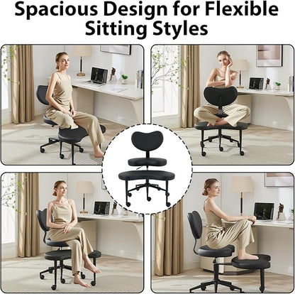 Cross Legged Office Chair with Wheels–360°Swivel Meditation Chair, Adjustable Height Yoga Office Chair for Adults, Ergonomic Kneeling Chair with Back Support for ADHD, PU Leather, Black
